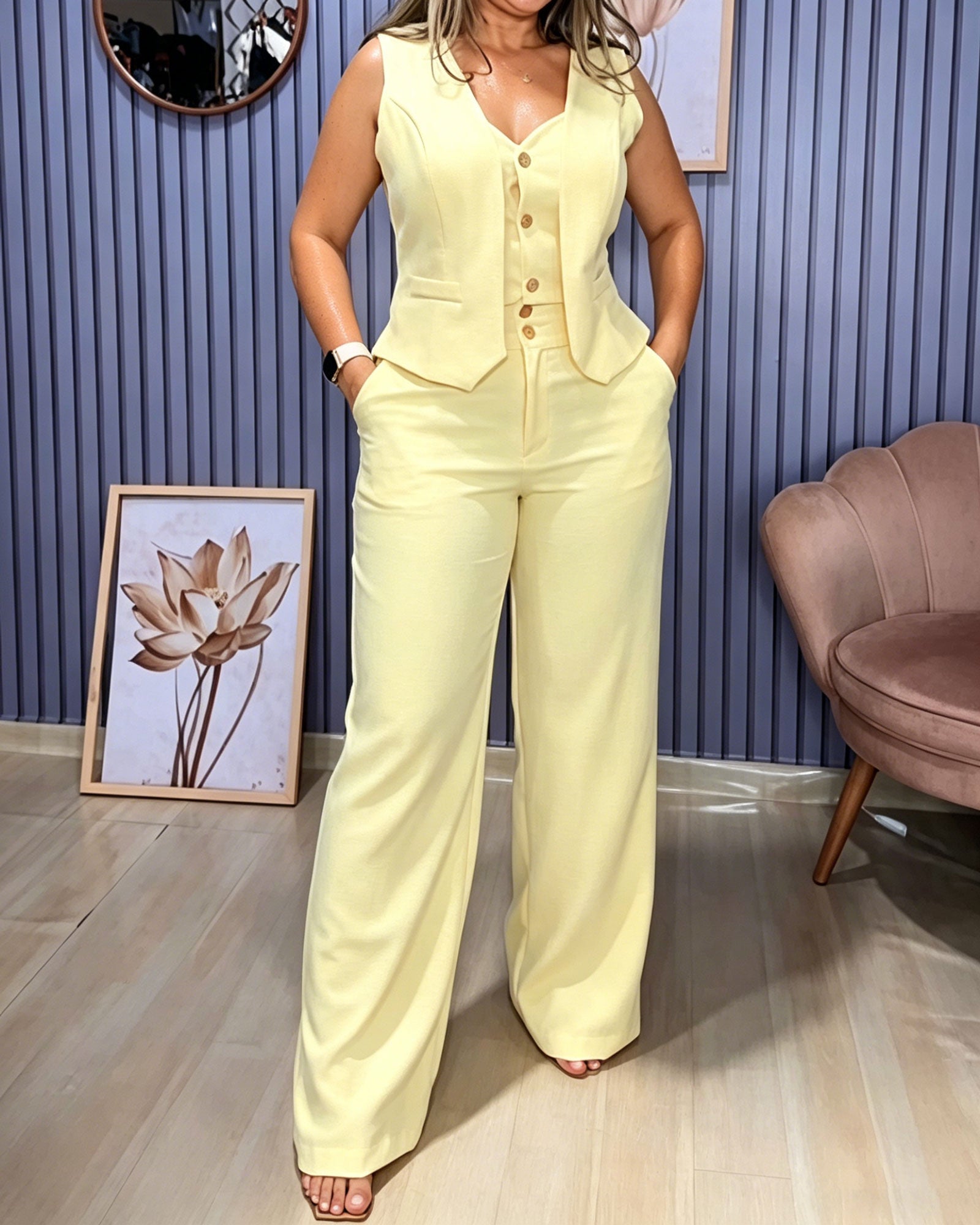 Sleeveless V-Neck Waistcoat & High-Waisted Wide Leg Pants Two-Piece Set