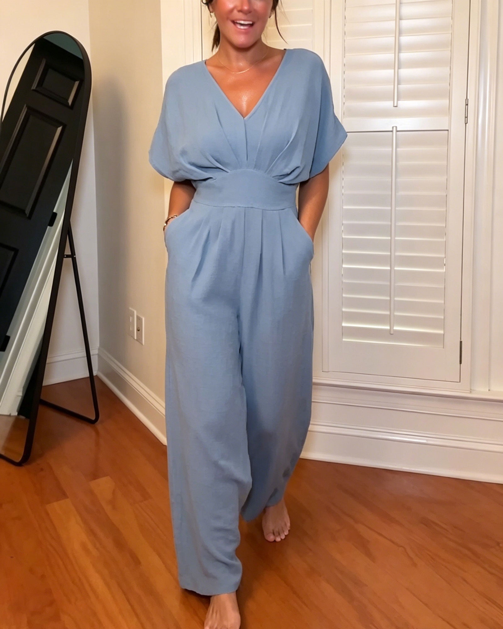 V-Neck Batwing Sleeve Cross Waist Wide Leg Jumpsuit