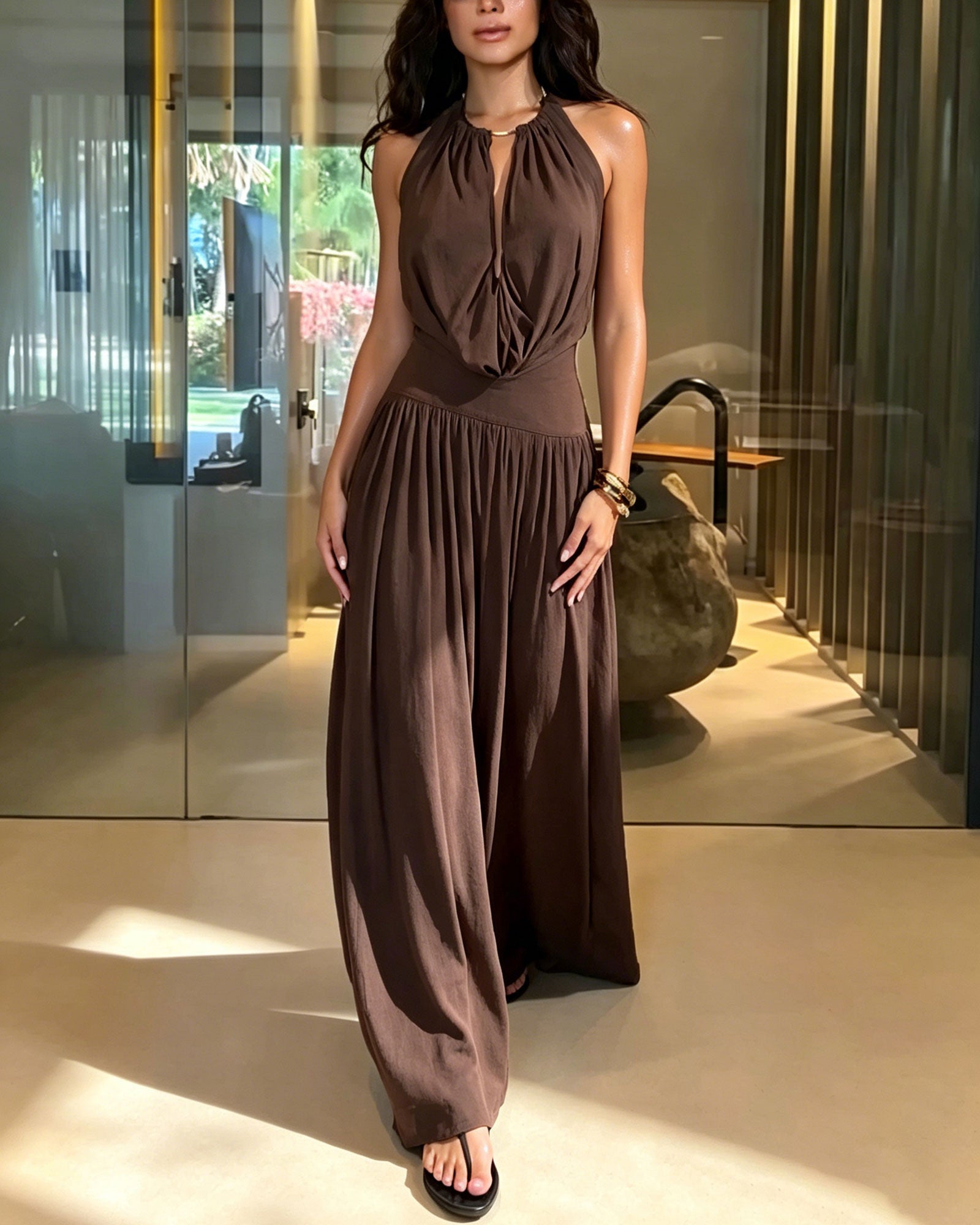 Halter Neck Draped Bodysuit & Flowy Maxi Skirt Two-Piece Set