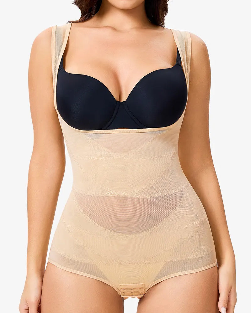 See-Through Mesh Tummy-Controlling Sexy Bodysuit Tan