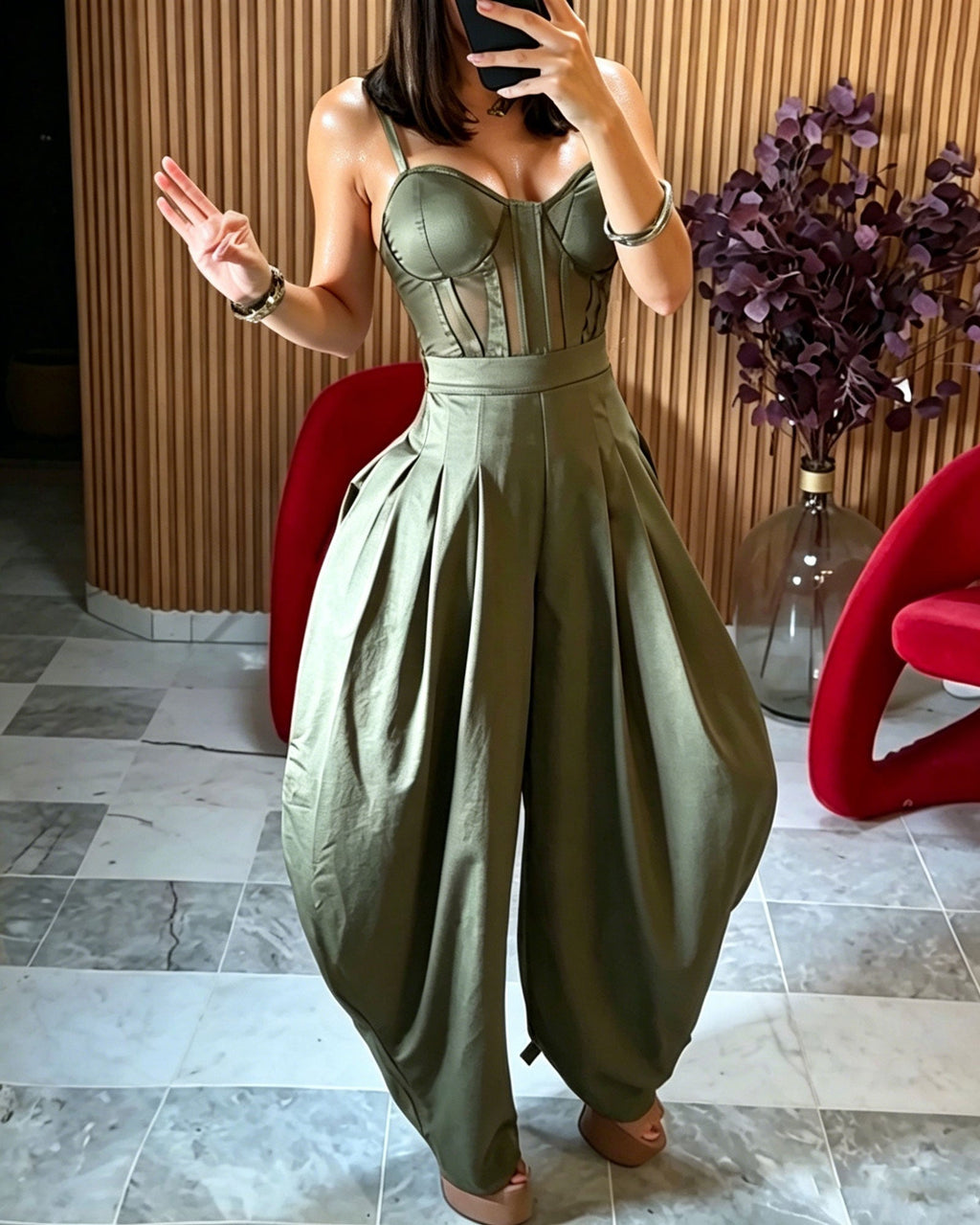 Mesh Corset Camisole Halter High-Waisted Pleated Wide-Leg Jumpsuit