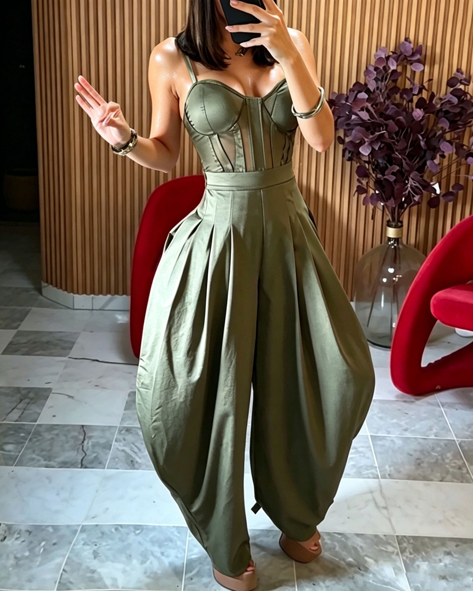Mesh Corset Camisole Halter High-Waisted Pleated Wide-Leg Jumpsuit