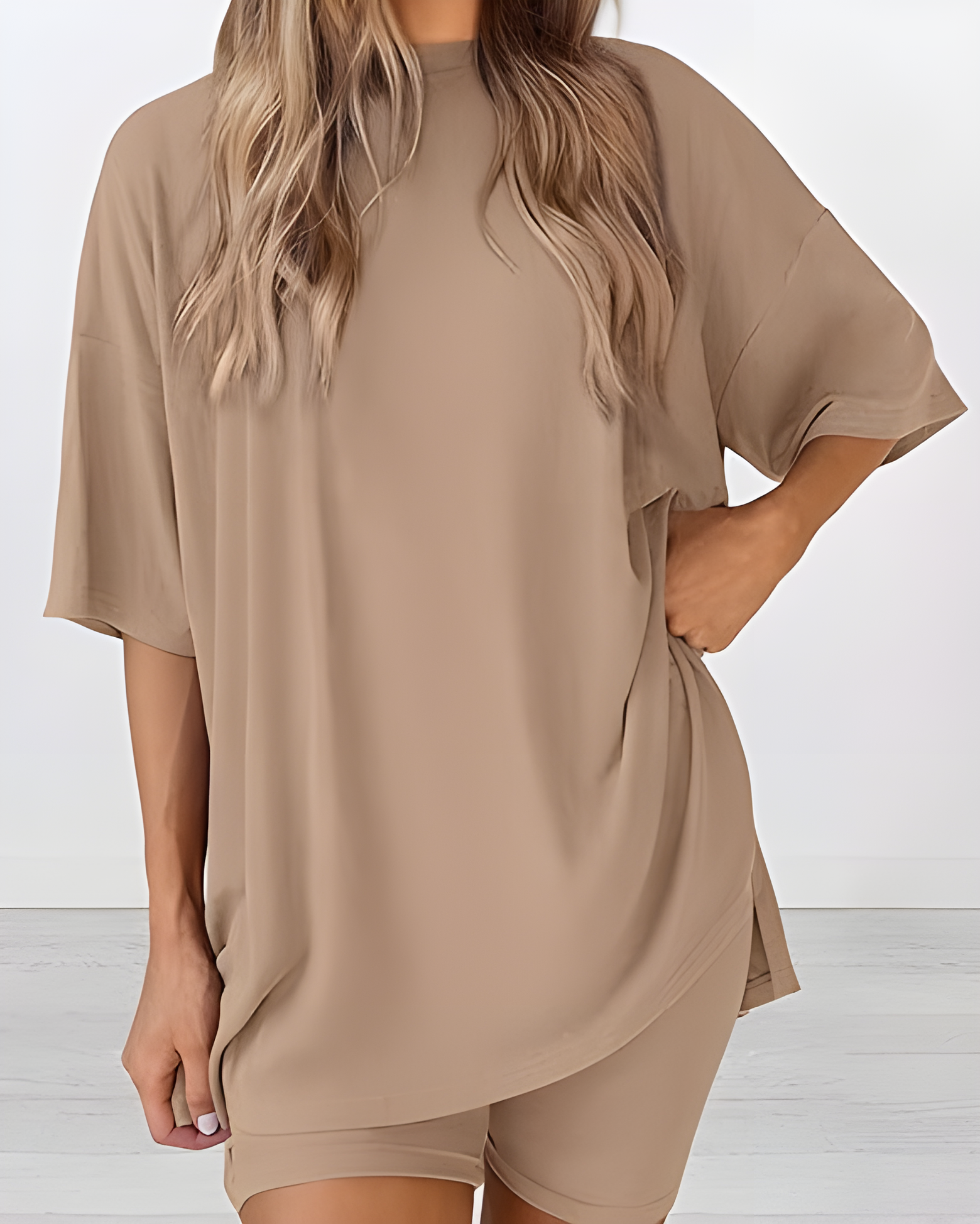 Casual Two-Piece Lounge Set Oversized Split Hem Shirt Khaki
