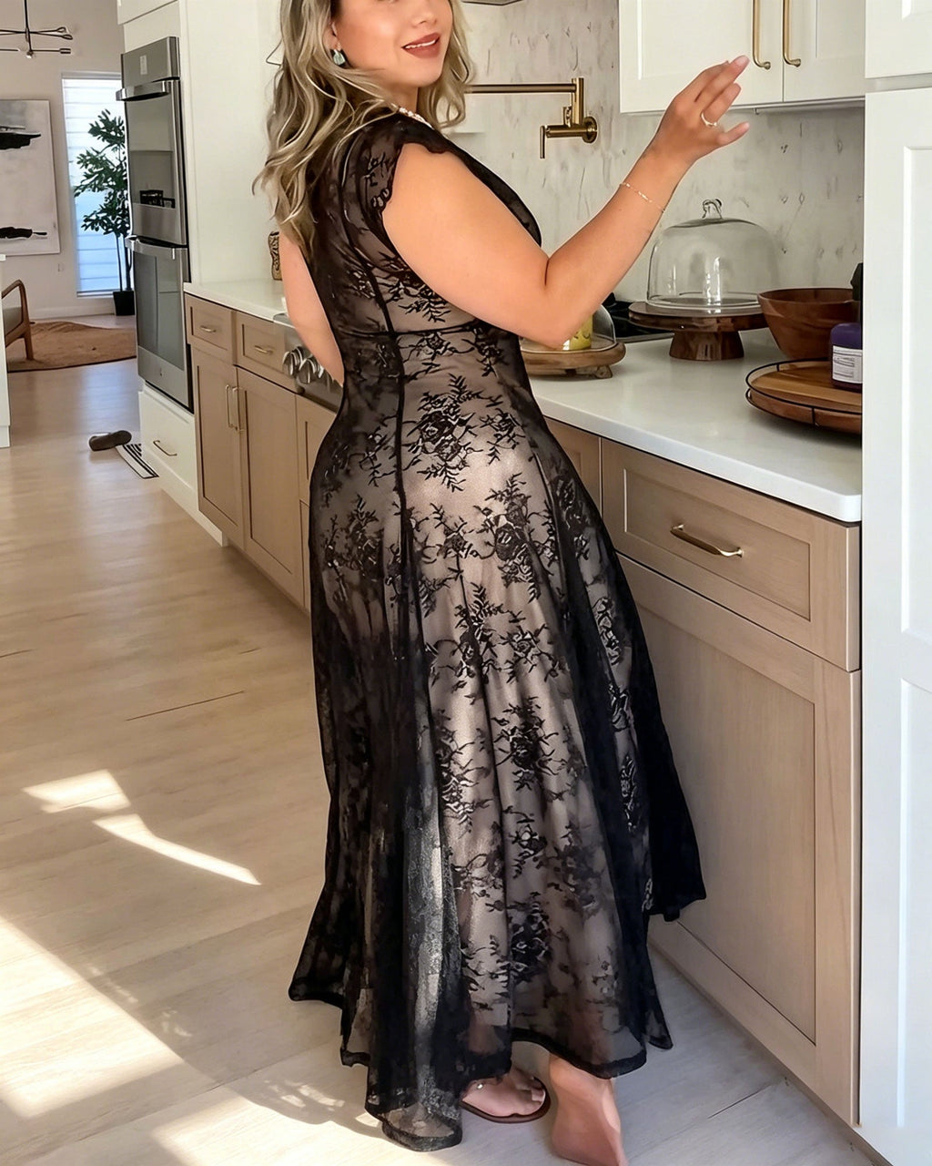 Floral Lace Deep V High Slit A-Line Midi Dress