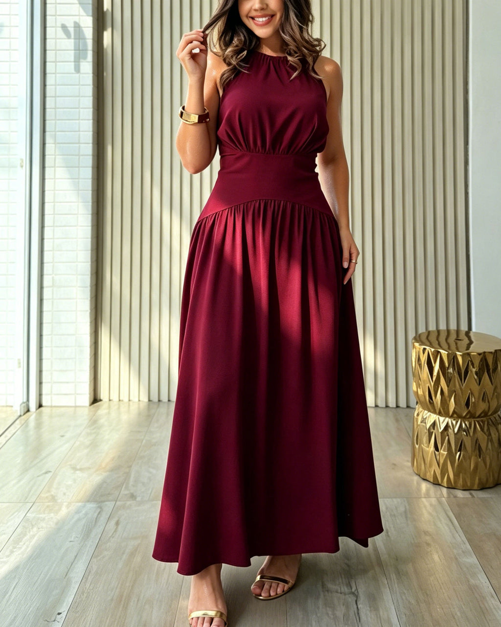 Solid Color Backless Tie Waist Pleated Flowing Long Dress