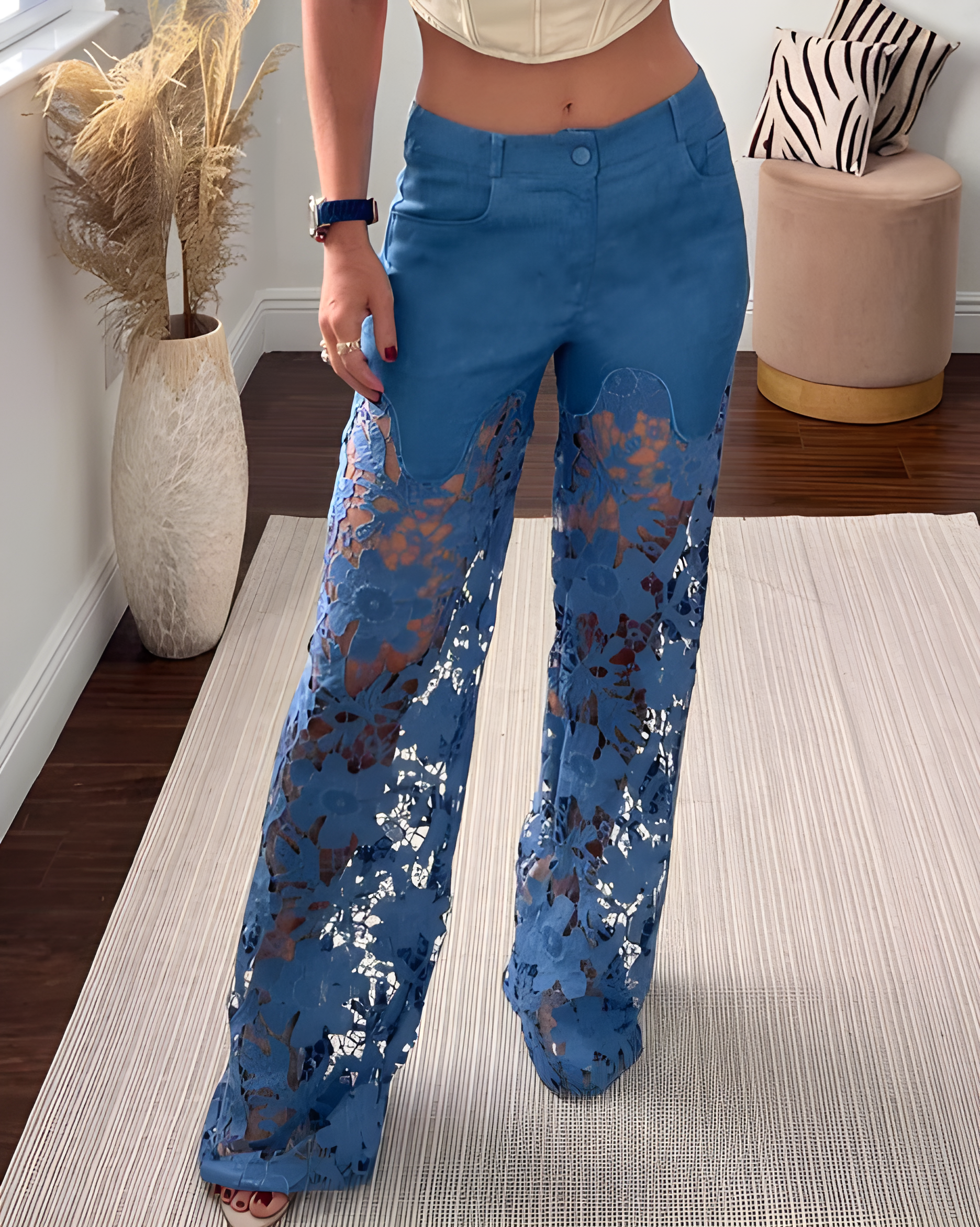 Women's Lace Cutout Wide Leg Jeans Blue