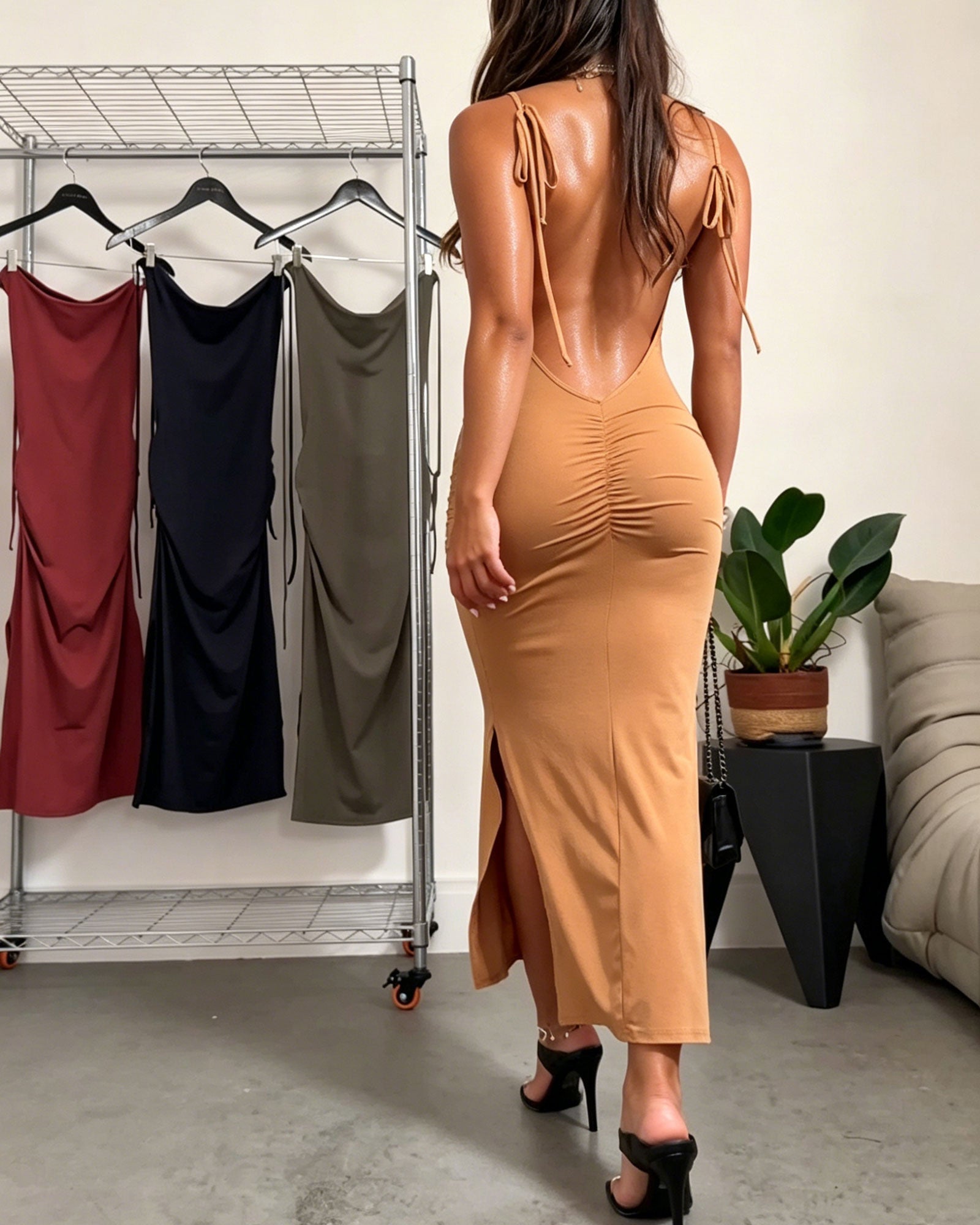 Lace-Up Backless Pleated Side Slit Fitted Midi Dress