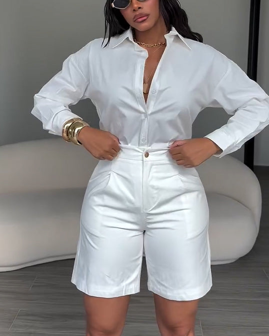 2 Piece Sets For Women Elegant Button-Down Shirt Paired with Tailored Bermuda Shorts White