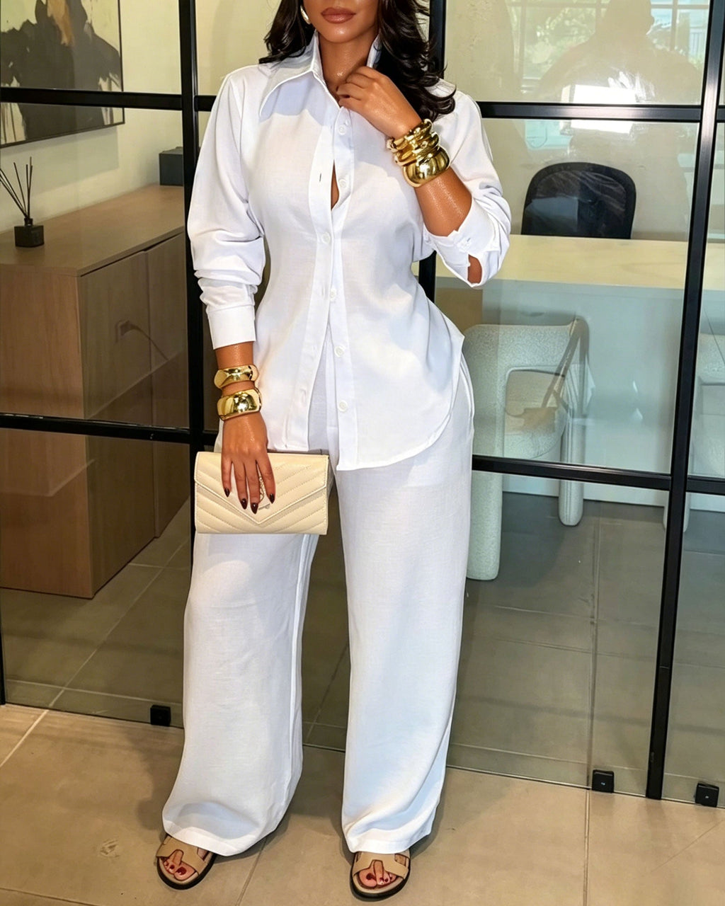 Two Piece Set: Long Sleeved Shirt With Back Tie And High Waisted Wide Leg Pants