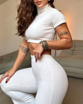 Ribbed Knit Turtleneck Short Sleeved Crop Top And High Waisted Flared Pants Two Piece Set