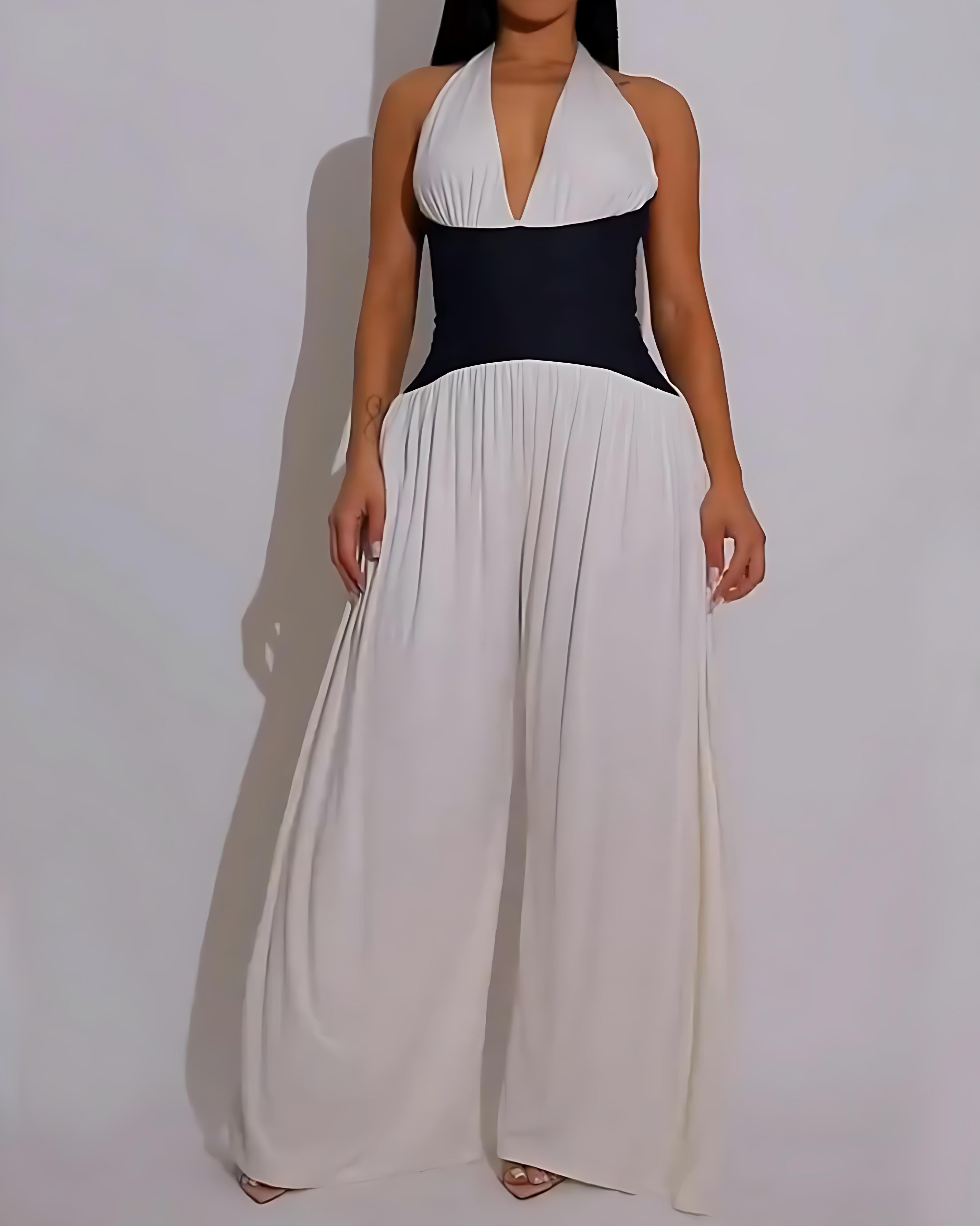 Women's Fashion Halter Neck Waist Wide Leg Jumpsuit White