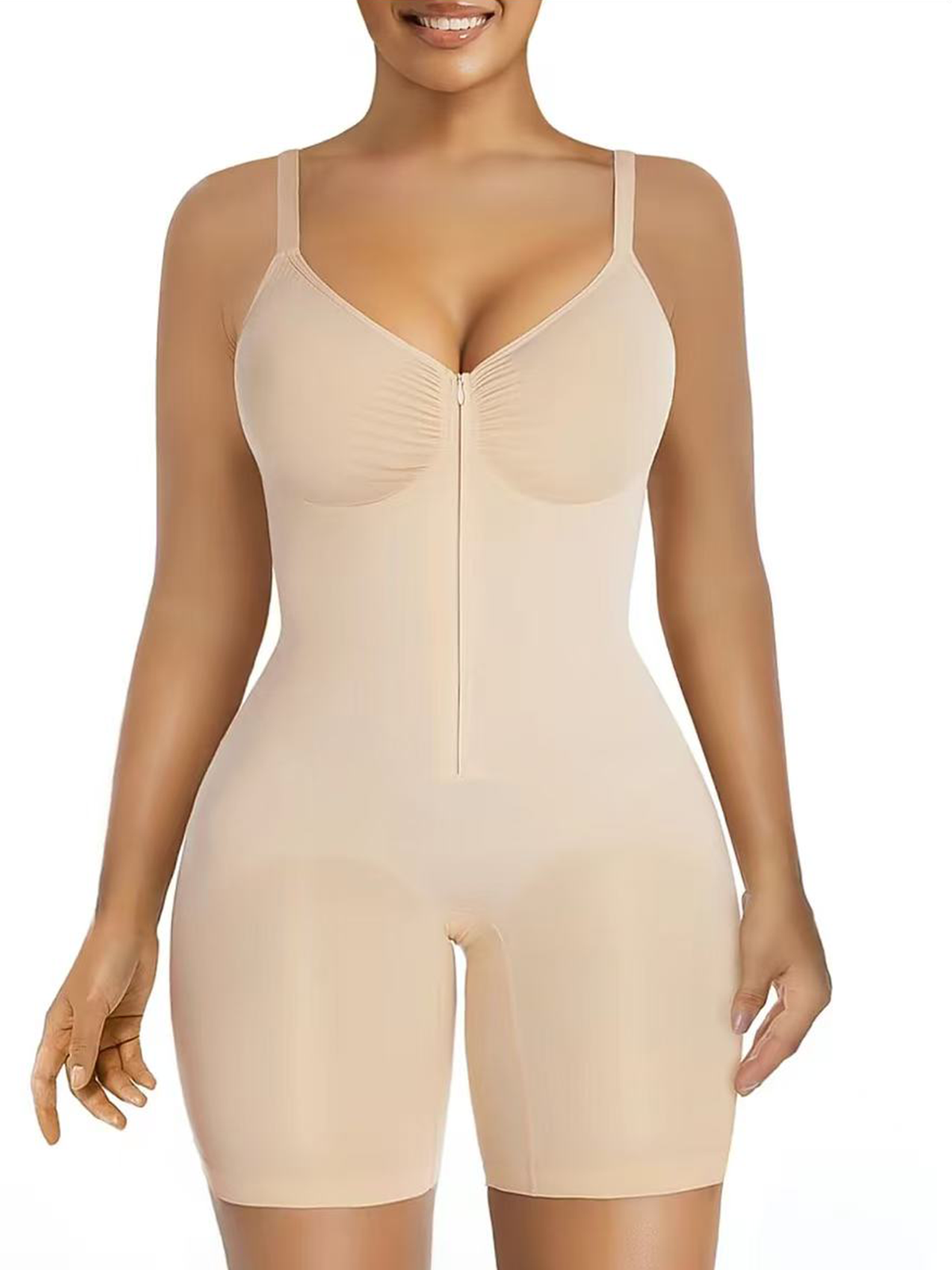 Women's High Elastic Zipper Adjustable Straps Breathable Mesh Design Tummy Control Body Shaper Tan