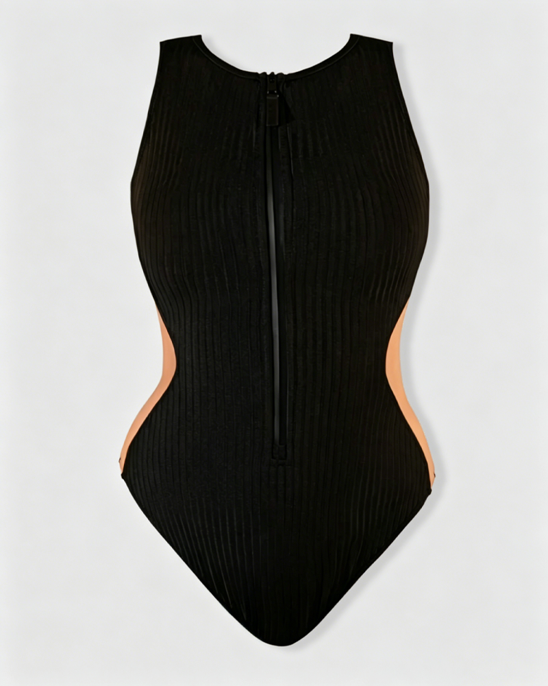 Ribbed Zip-Front Lace-Up Back Cutout One-Piece Shaping Swimsuit（Pre-Sale）