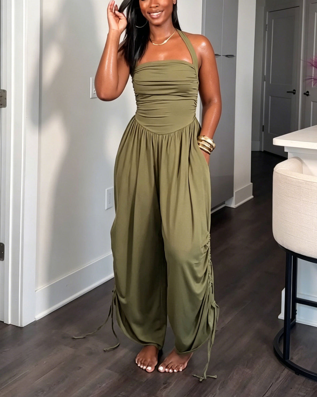 Backless Pleated Drawstring Waist Wide Leg Loose Fitting Jumpsuit