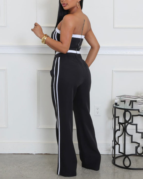 Fashion Stitching Style Tube Top Wide Leg 2 Piece Set