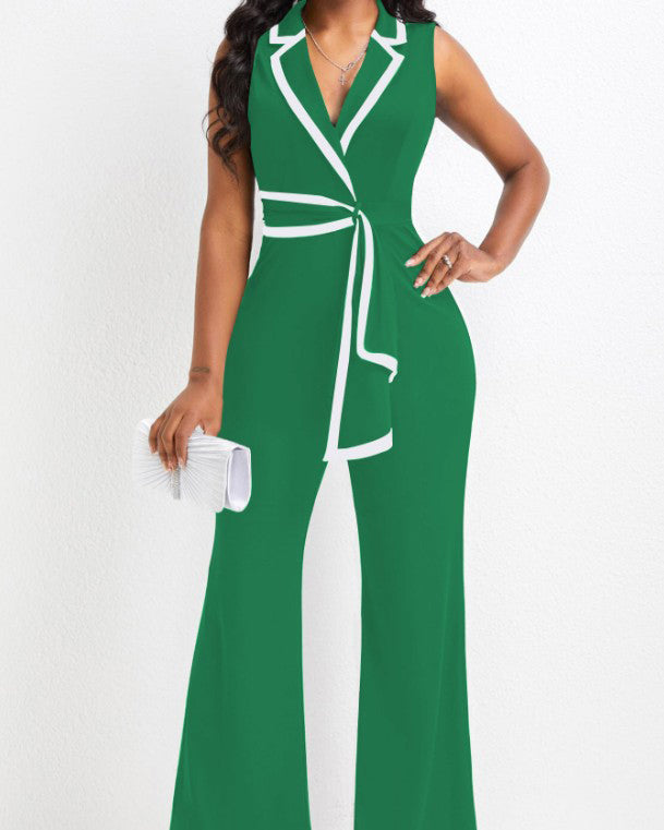 V-Neck Splicing Sleeveless Wide-Leg Jumpsuit LightGreen