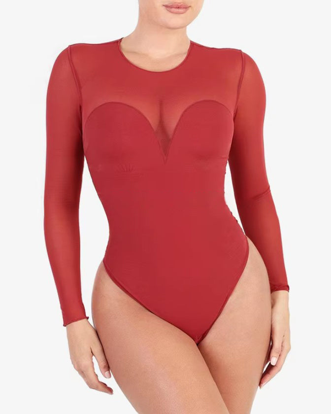 Sheer Mesh Long Sleeve Slimming Thong Bodysuit Red