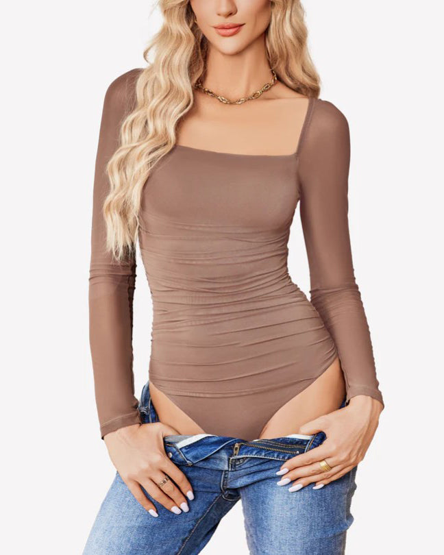 Sexy Square Neck Ruched Mesh Long Sleeve Shaping Bodysuit Peru
