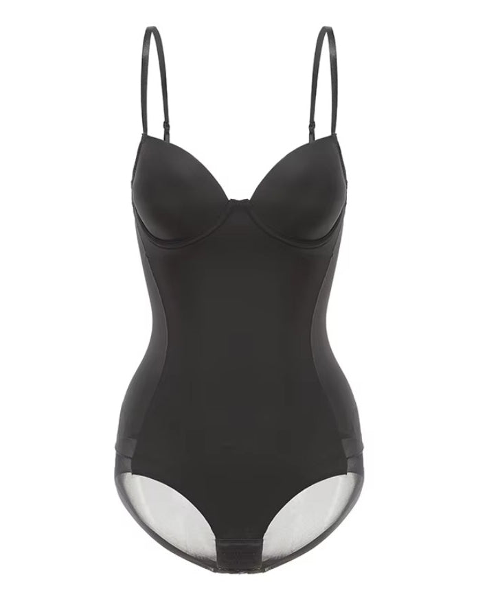 Women's V-Neck Mesh Tummy Control Thong Shaping Bodysuit