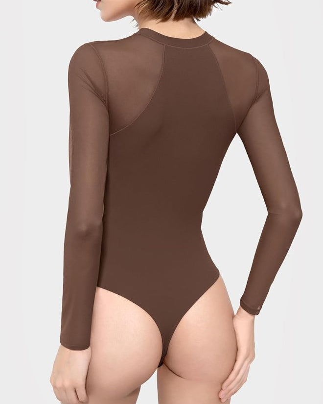 Long Sleeve Sheer Mesh Slimming Bodysuit