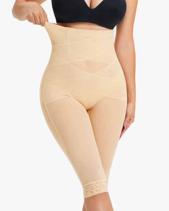 High Waist Lace Trim Sheer Mesh Shaper Pants Tan