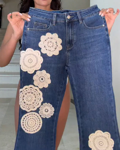 Floral Crochet Slim-Fit Skinny Flare Jeans
