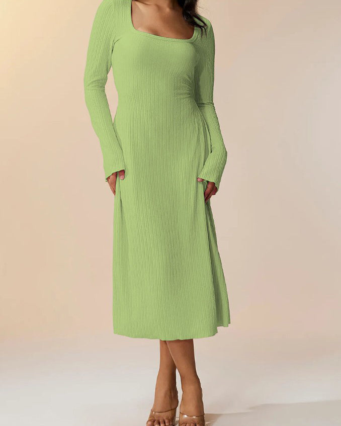 Knitted Ribbed Square Neck Long-Sleeved Tie Dress LightGreen