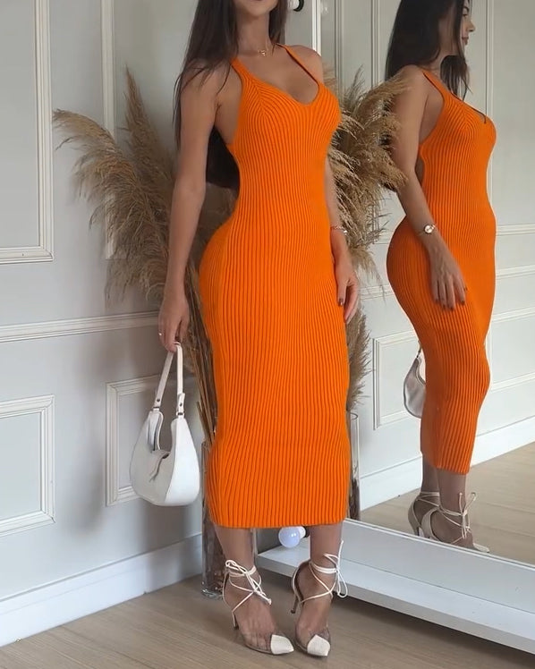 Ribbed Knit Backless Bodycon Dress Orange
