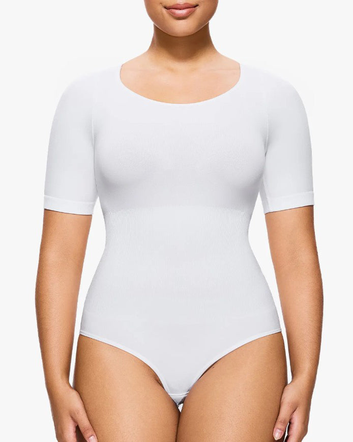 Round Neck Short Sleeve Slimming Shaping Thong Bodysuit White