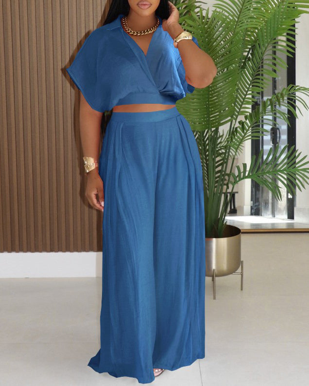 Casual Lapel Cropped Top Wide Leg Pants 2-Piece Set Blue
