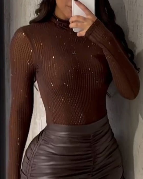 Women's Shiny Rhinestone Stand Collar Bodysuit Brown