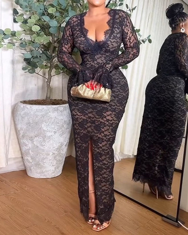 Sexy Long-Sleeved Lace V-Neck Bodycon Dress