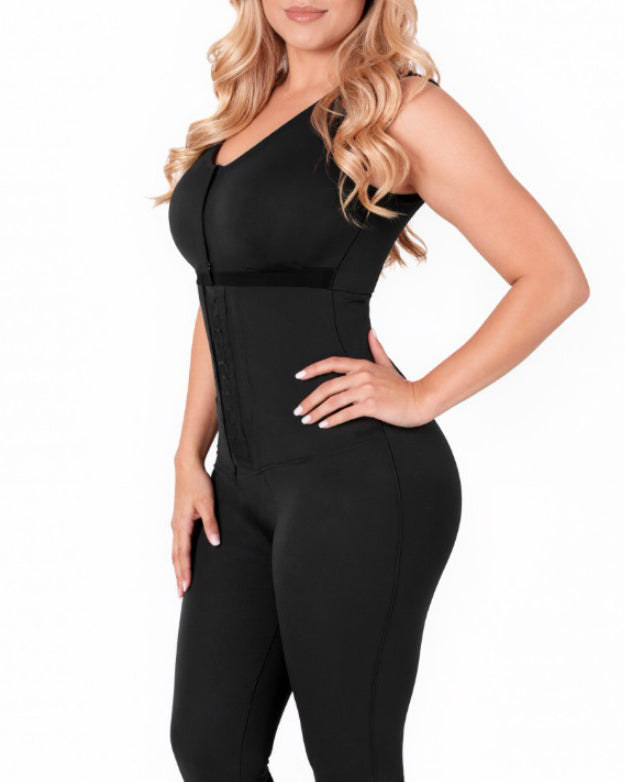 3-Rows Hook Eye Sleeveless Mid-Length Full-Body Shapewear Black