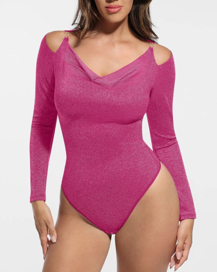 Shiny Long-Sleeved Slim-Fitting Bodysuit Violet