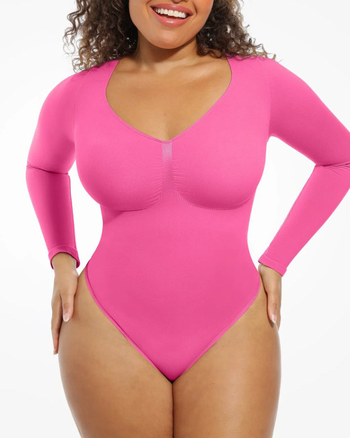 Tummy Shaping V Neck Slimming Thong Bodysuit Pink