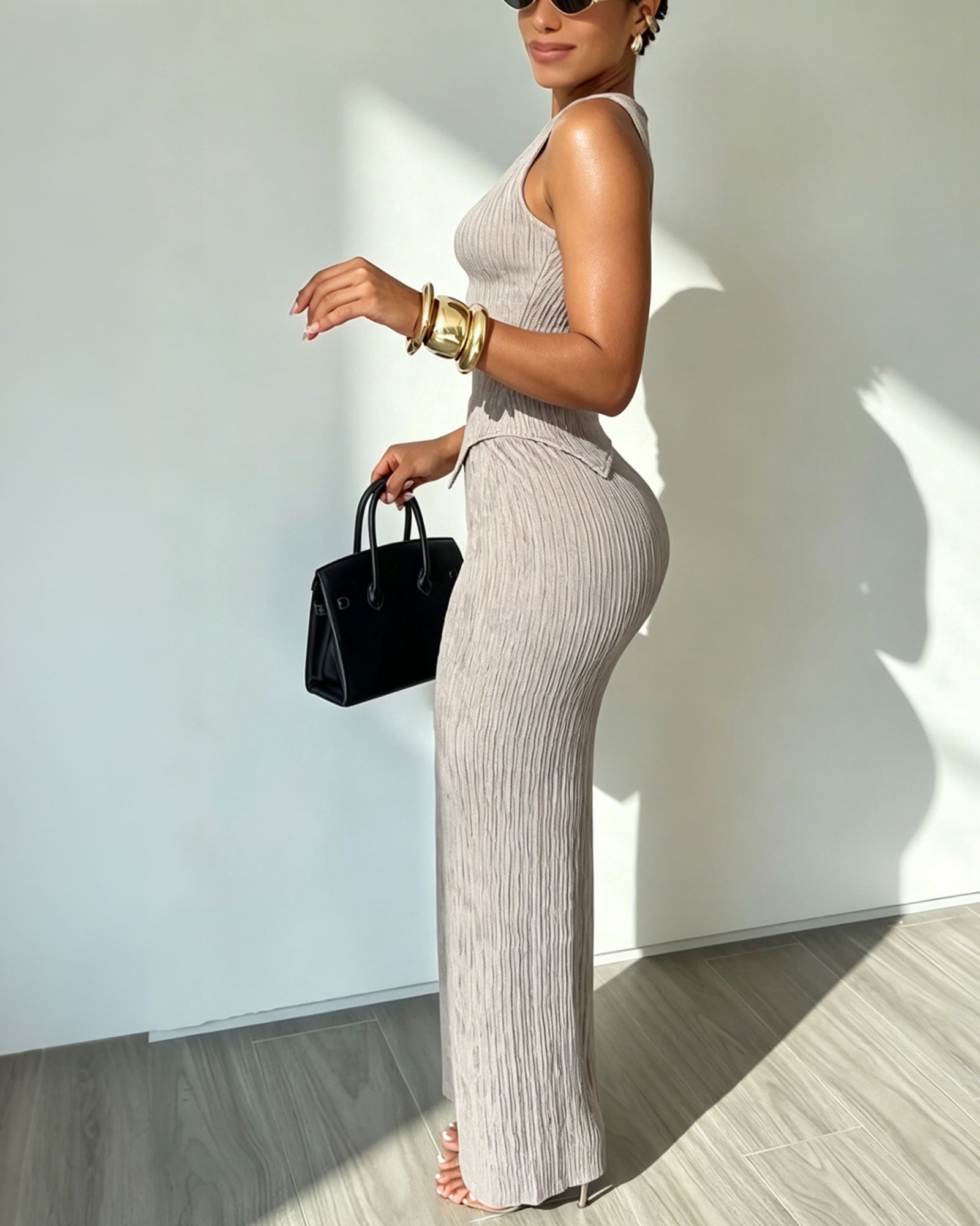 Vertical Striped Sleeveless Pointed Hem Vest And High Waisted Wide Leg Pants Two Piece set
