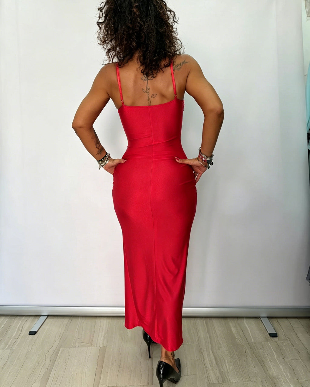 Satin Floral Tulle Lace Halter Top With Twisted Waist  High Slit Mid Length Fitted Dress