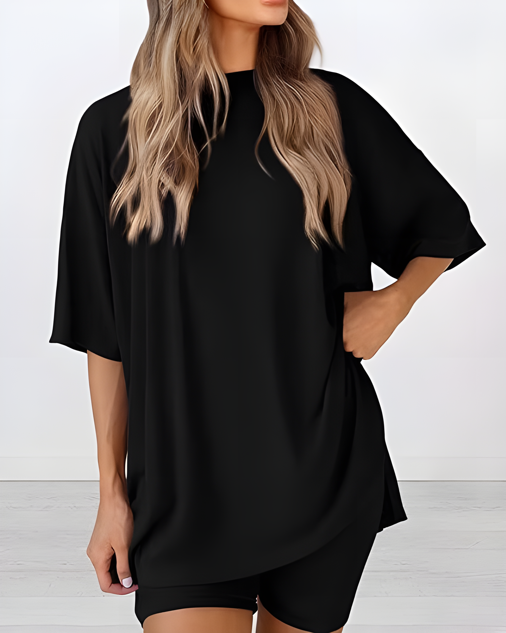 Casual Two-Piece Lounge Set Oversized Split Hem Shirt Black