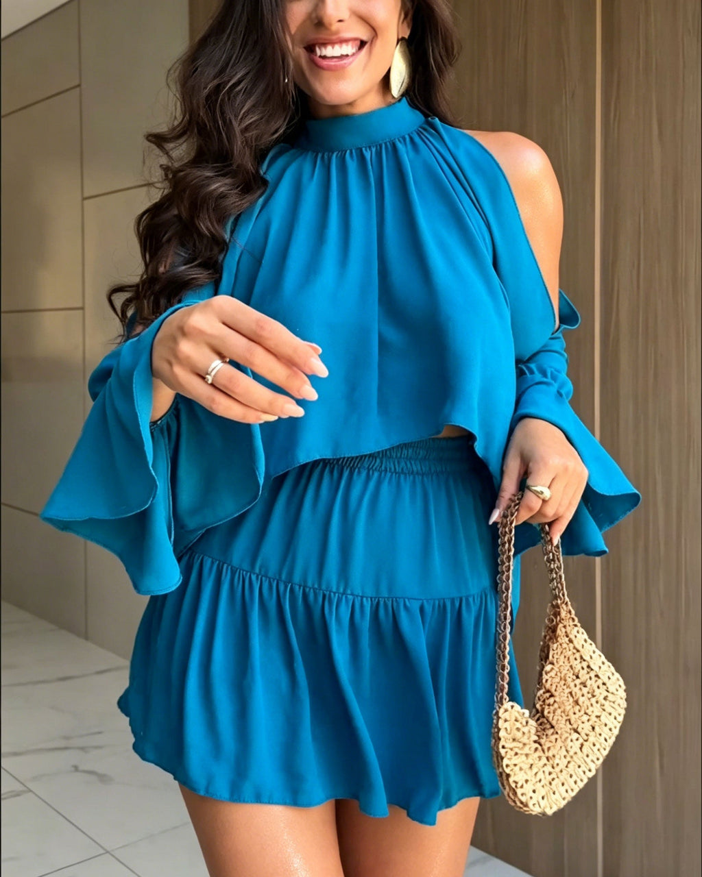 Cold-Shoulder Ruffle Sleeve Top & Tiered Skort Two-Piece Set