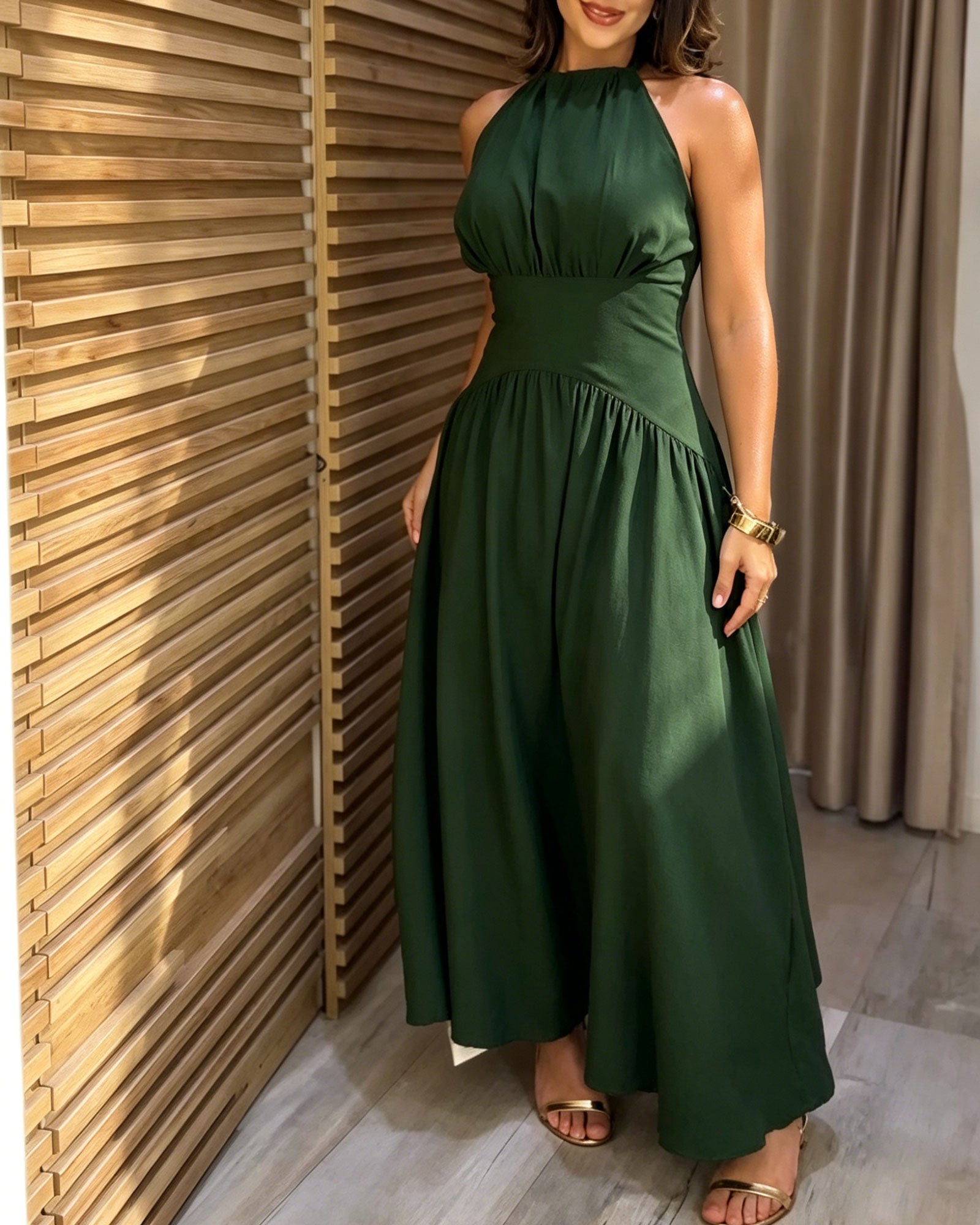 Solid Color Backless Tie Waist Pleated Flowing Long Dress