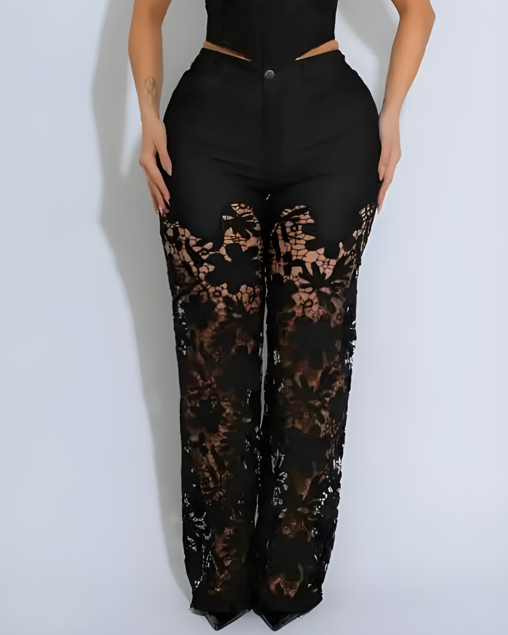 Women's Lace Cutout Wide Leg Jeans Black