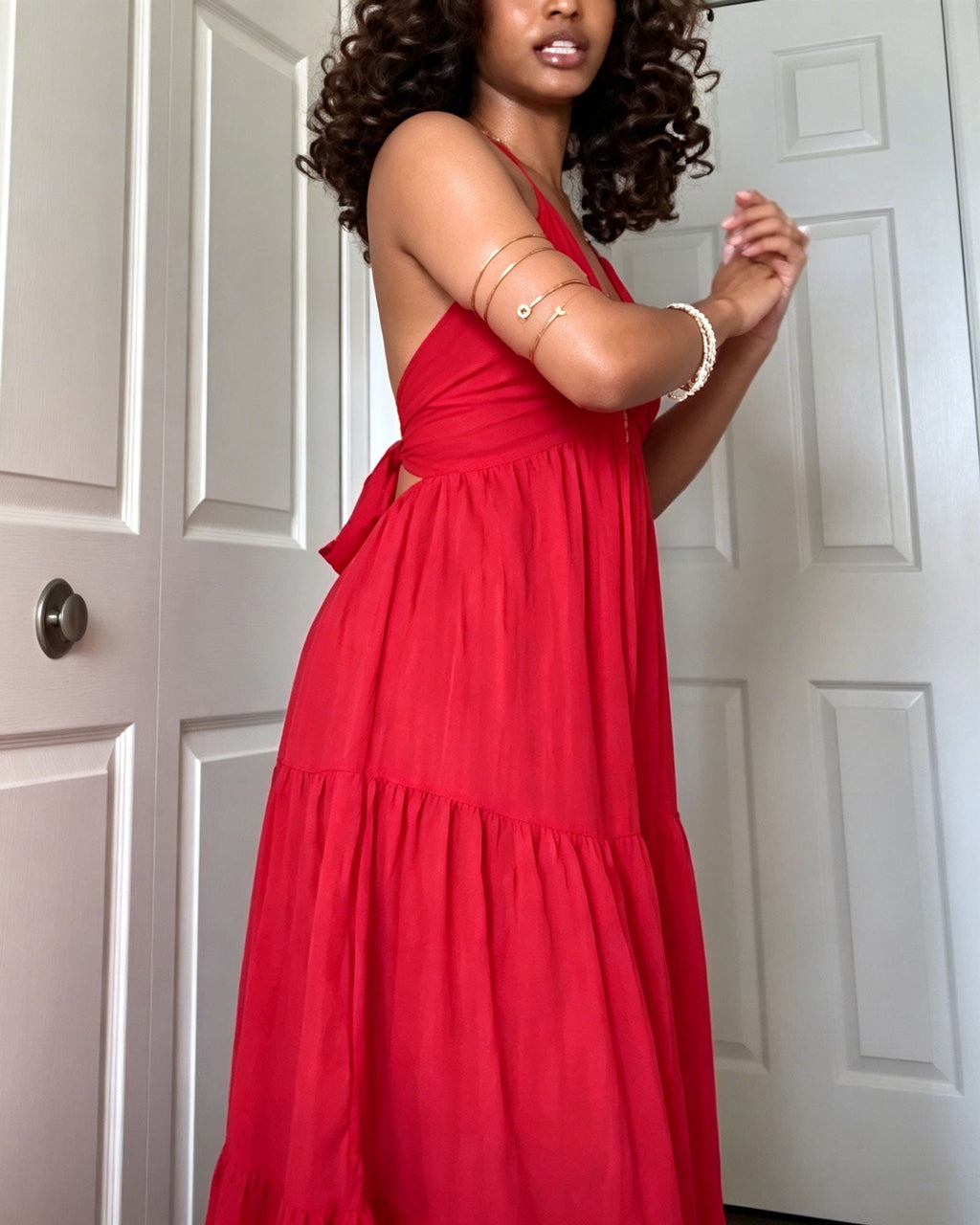 Deep V-neck Backless Halter-Neck Layered Long Dress