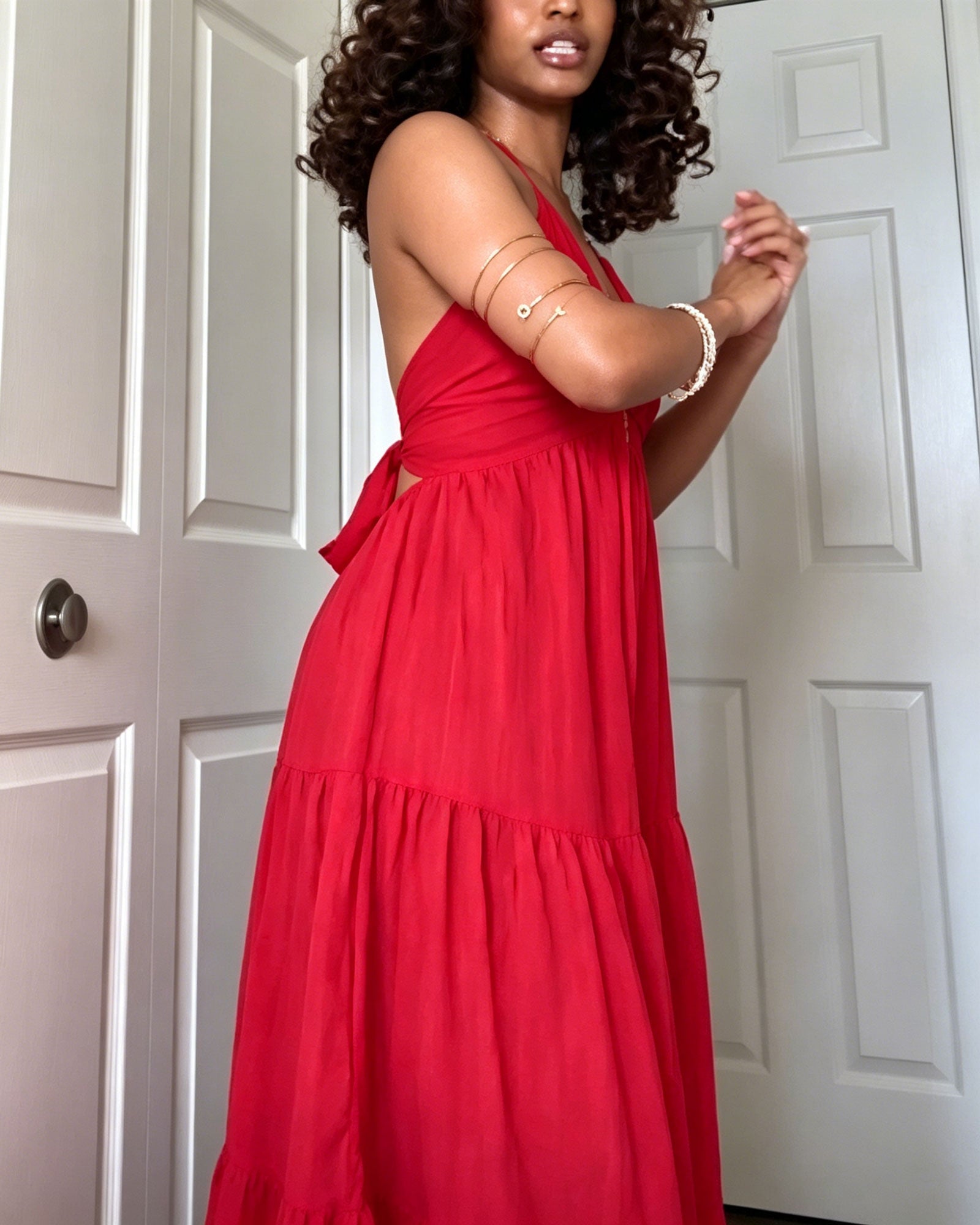 Deep V-neck Backless Halter-Neck Layered Long Dress