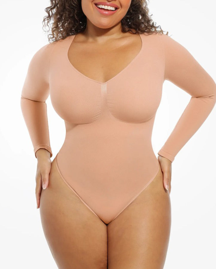 Tummy Shaping V Neck Slimming Thong Bodysuit Tan