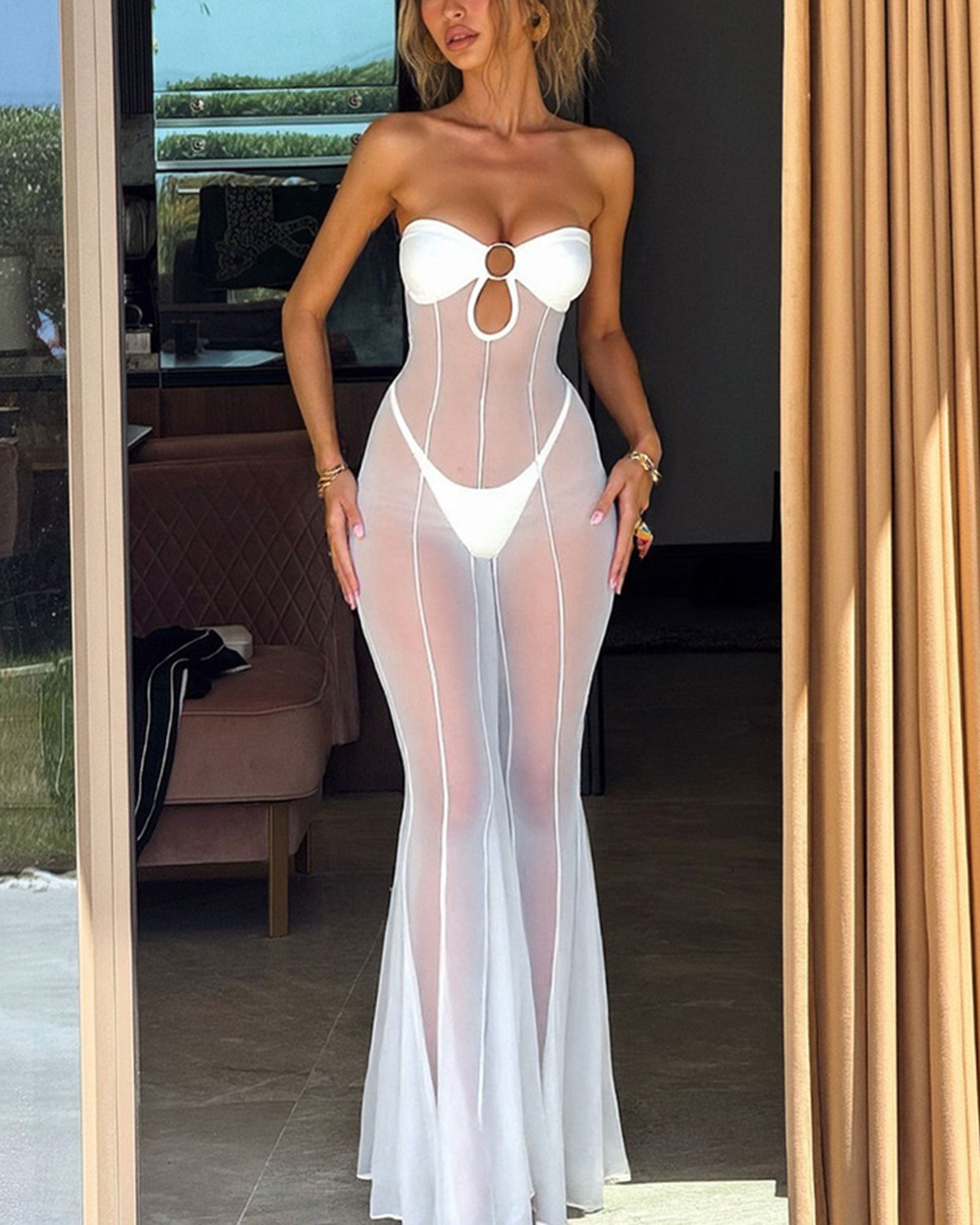 Strapless O-Ring Cutout Sheer Mesh Vertical Seam Flared Long Cover-Up Dress
