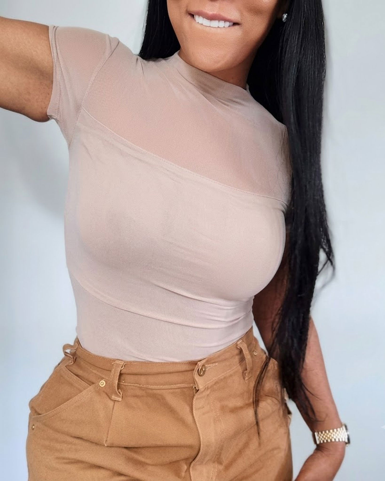 Sheer Mesh High Neck Short Sleeved Pleated Bodysuit
