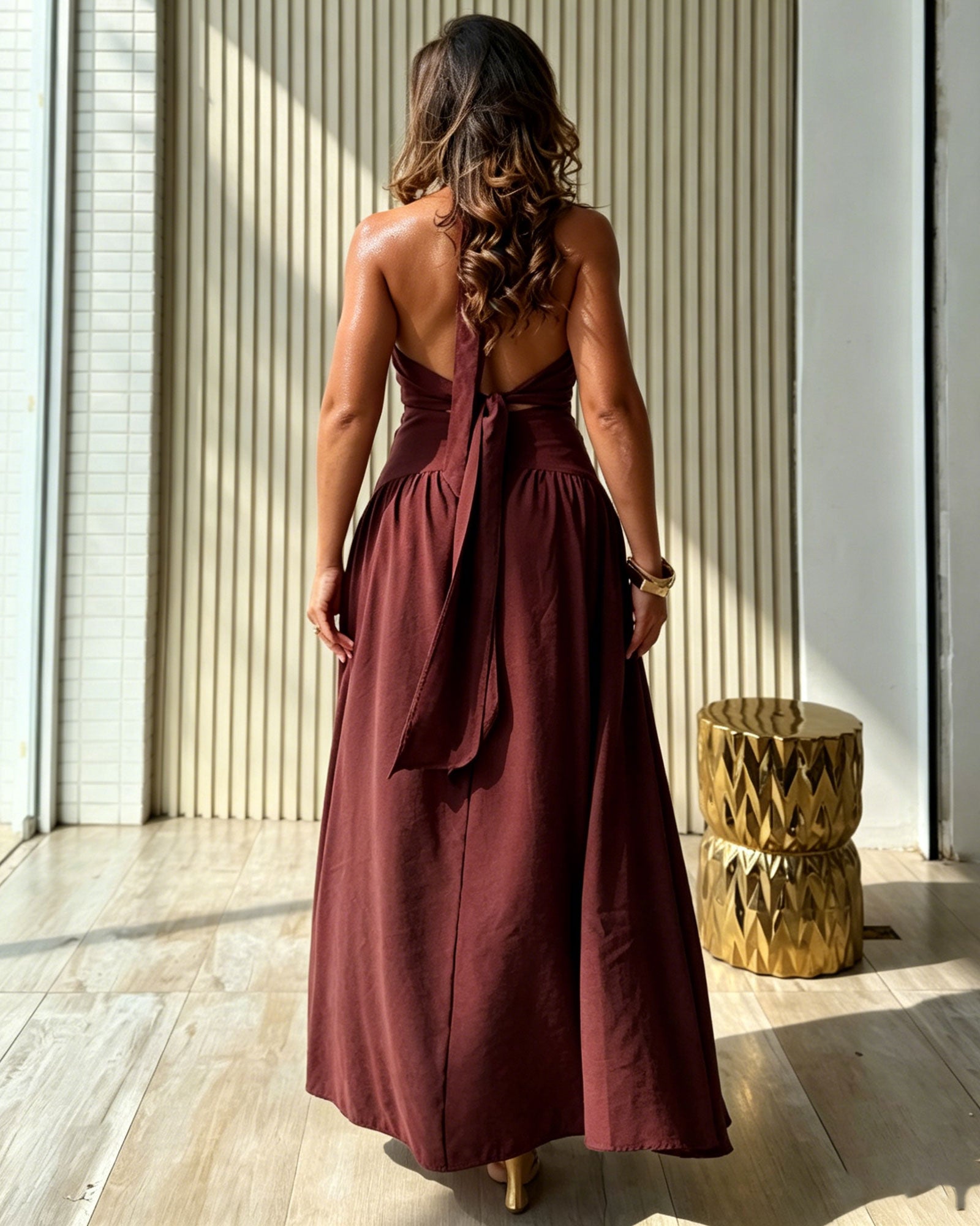 Solid Color Backless Tie Waist Pleated Flowing Long Dress