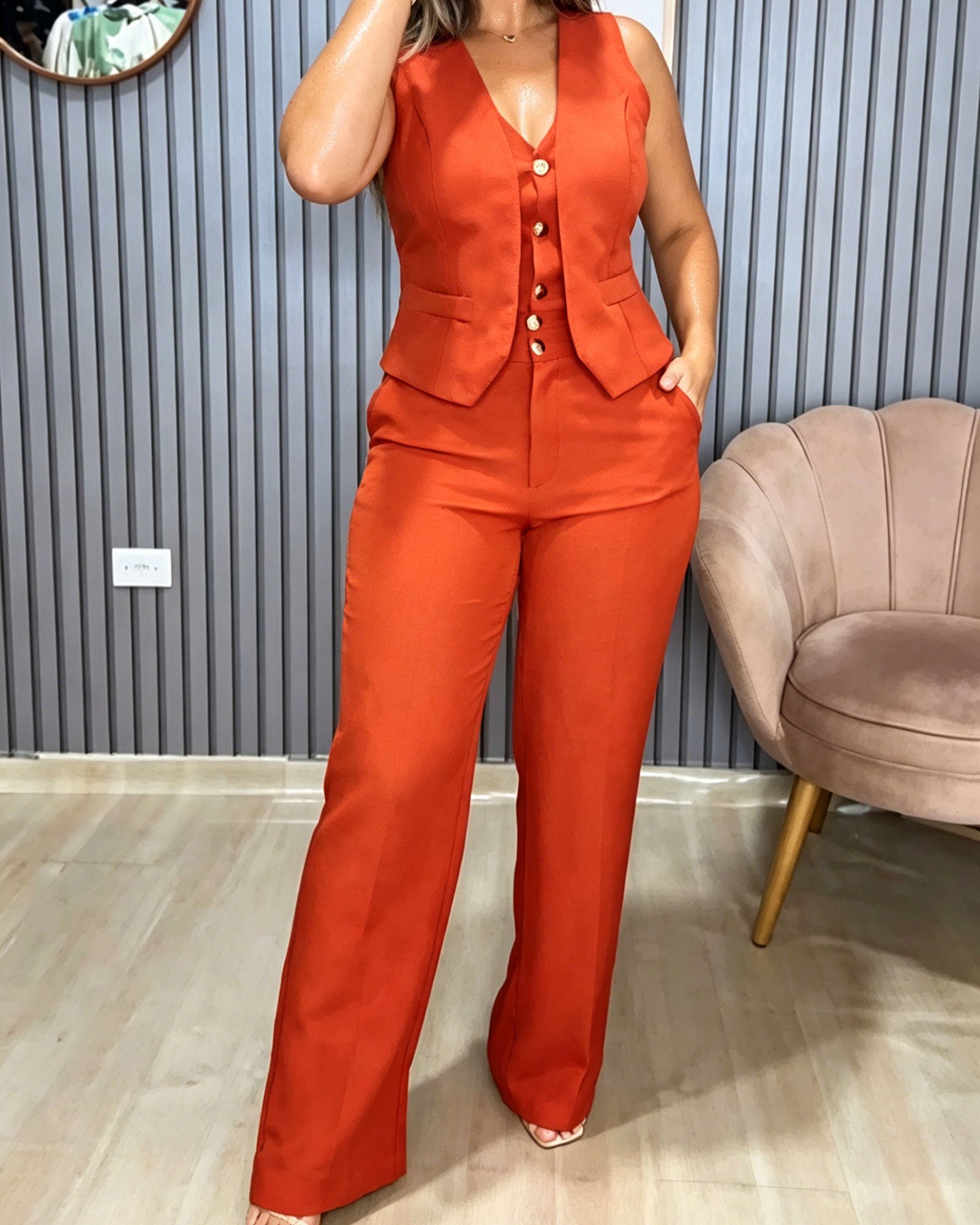 Sleeveless V-Neck Waistcoat & High-Waisted Wide Leg Pants Two-Piece Set