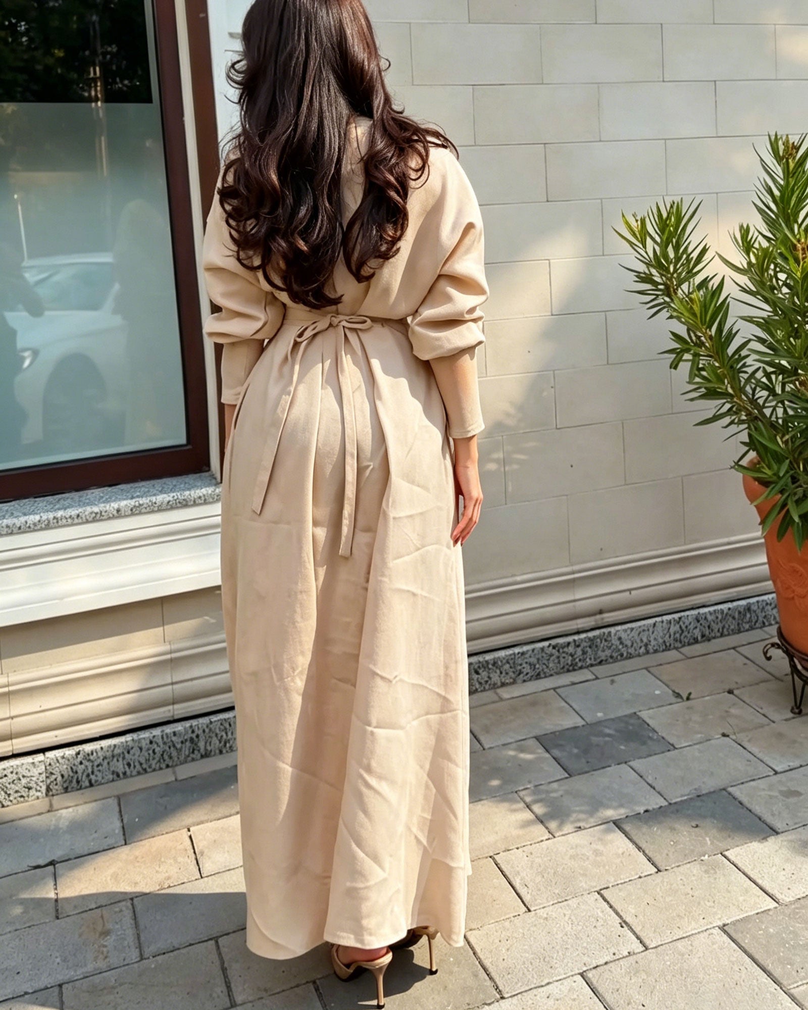 Linen V-Neck Long Sleeved High Waisted Dress With Back Tie And Front Slit