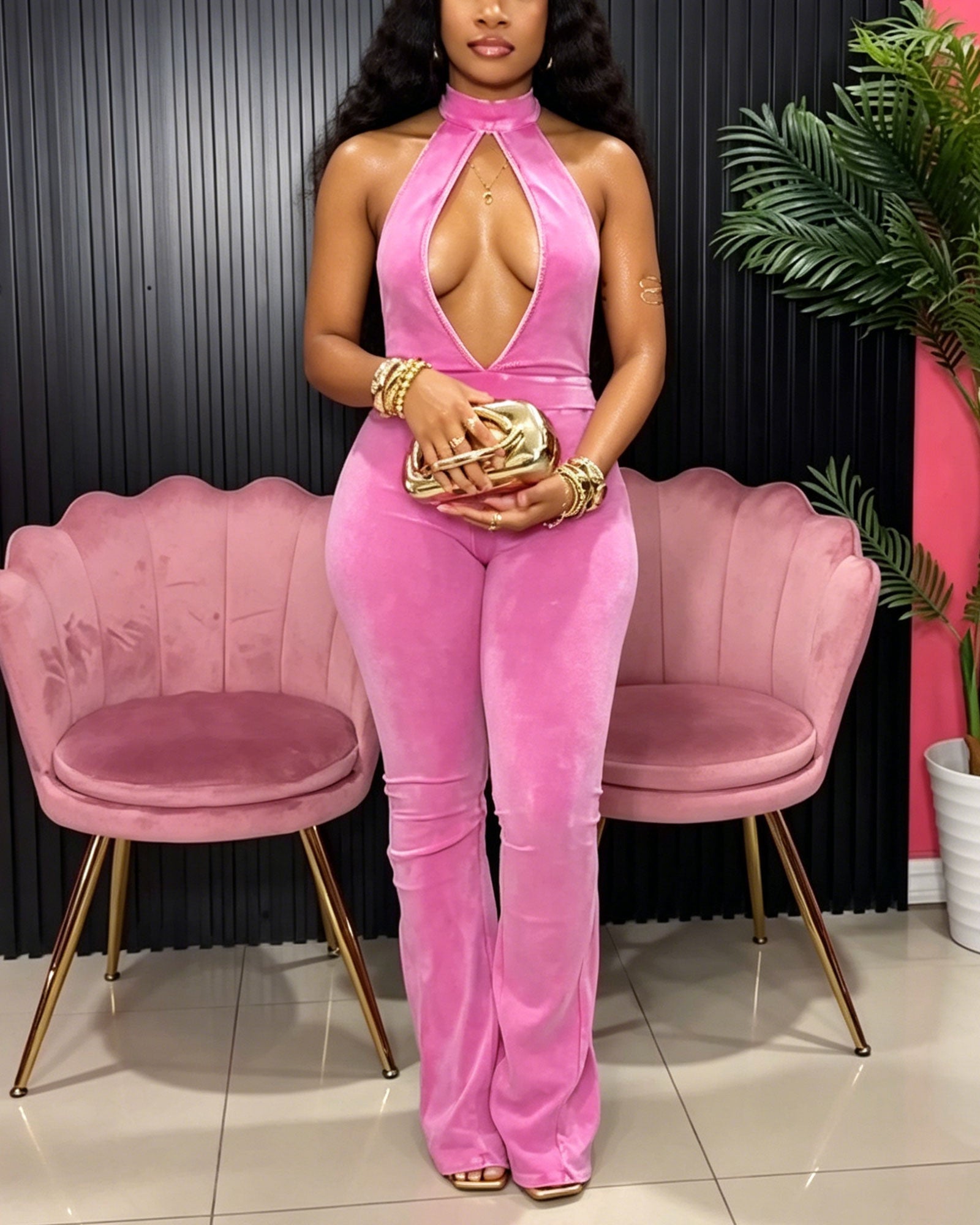 Solid Color Velvet Backless Flared Pants
